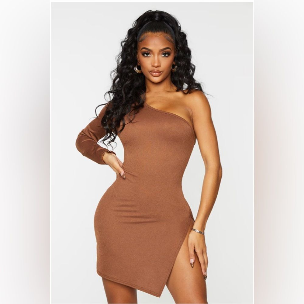 PrettyLittleThing Shape chocolate one shoulder split bodycon dress size 12 NWT